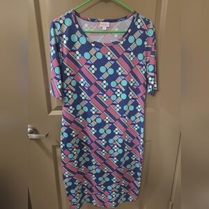 LuLaRoe Blue and Pink Geometric Midi Dress